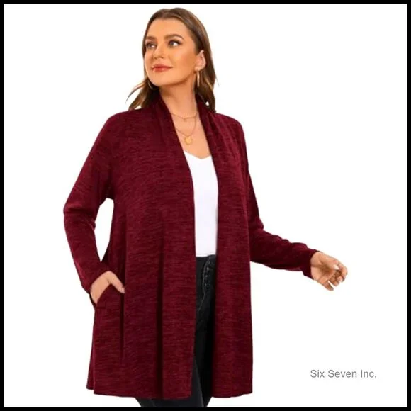 Open Front Cardigan Knit Sweater Oversized Loose Fit Long Sleeve with Pockets - Picture 3 of 7